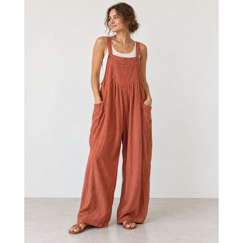Natural Life Women XL Rust Terracotta Cotton Wide Leg Overalls Jumpsuit Boho